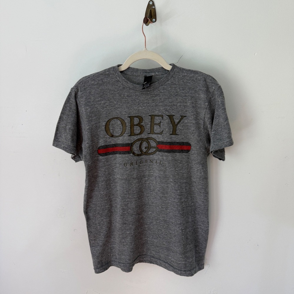 Obey Original T-Shirt Mens Medium Grey Gucci Spoof Graphic Made in USA Vintage